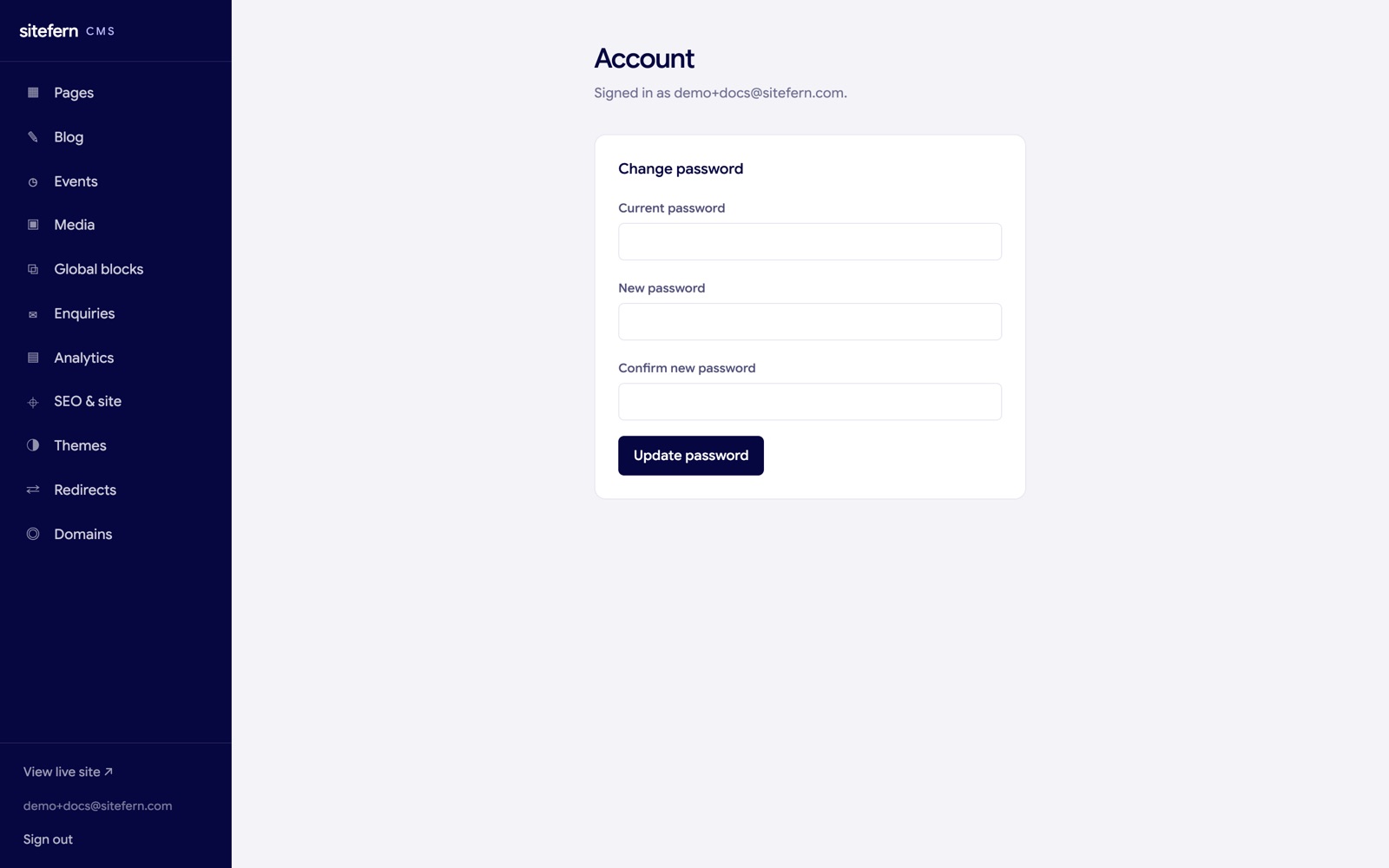 The sitefern account screen, for changing your password