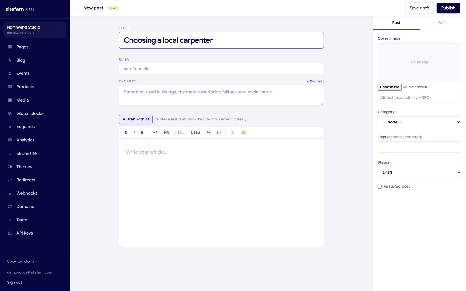 The sitefern post editor with the Draft with AI button below the title and a Suggest link by the excerpt
