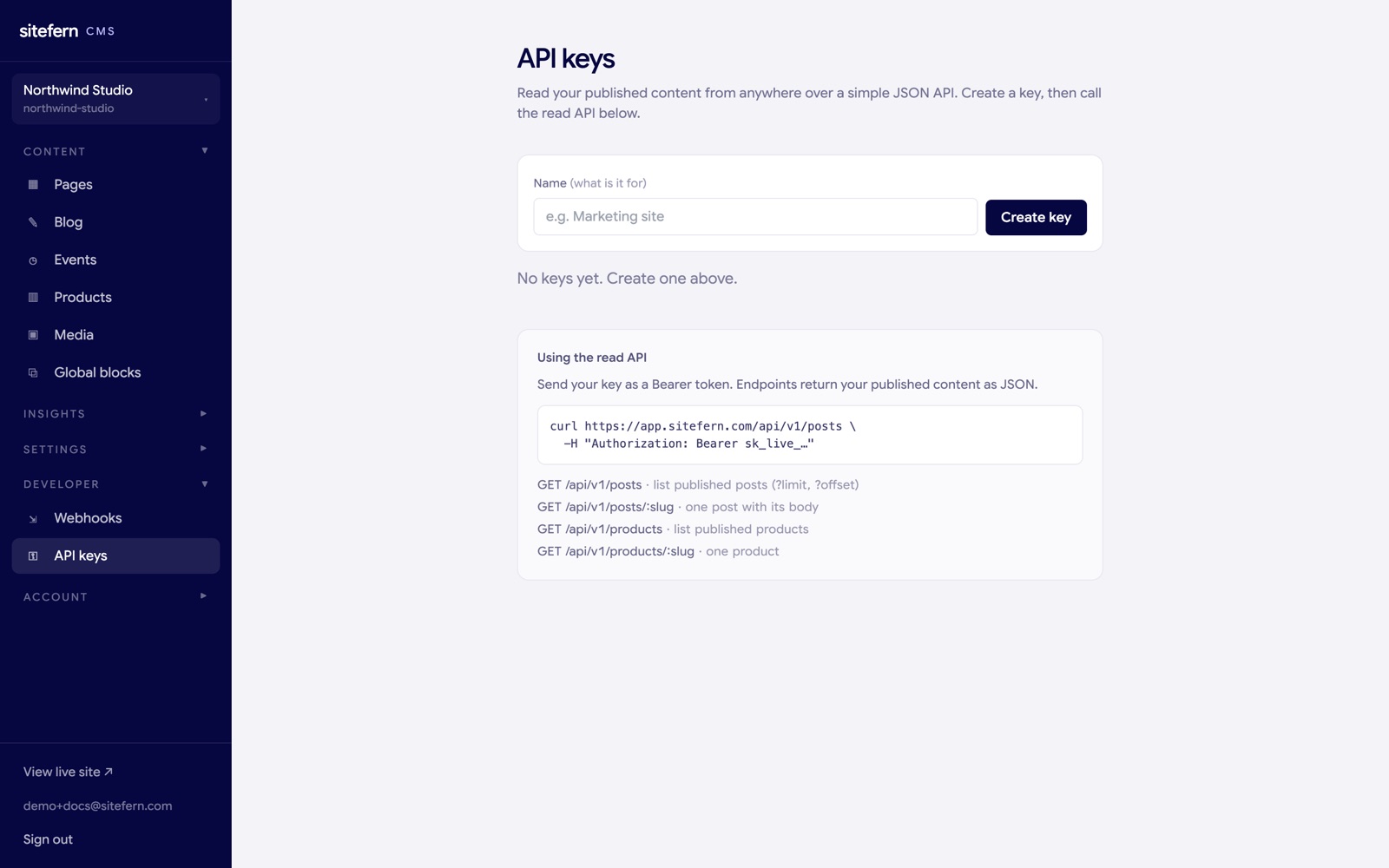 The sitefern API keys screen with a create form and the read API usage notes