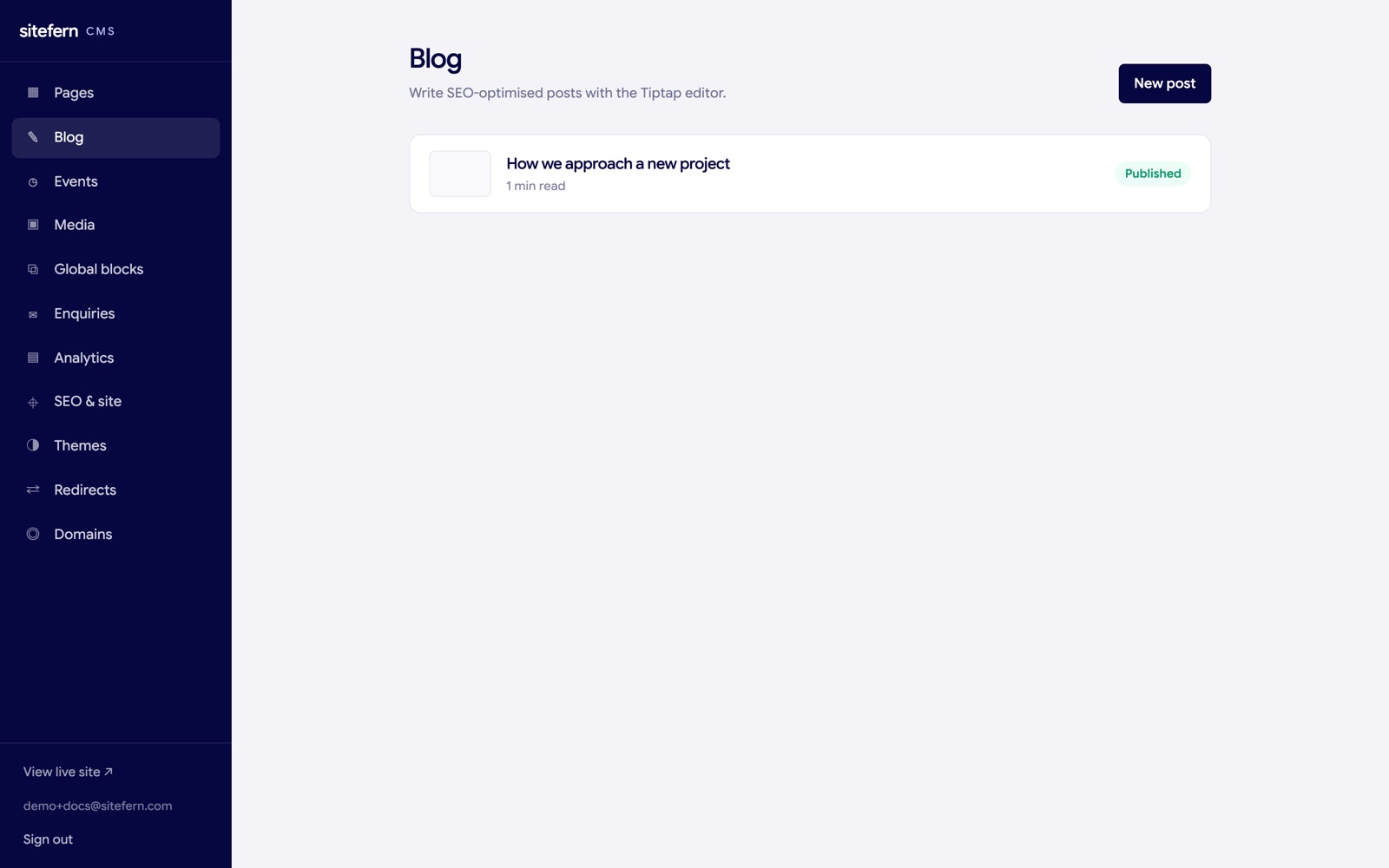The sitefern blog list showing a published post