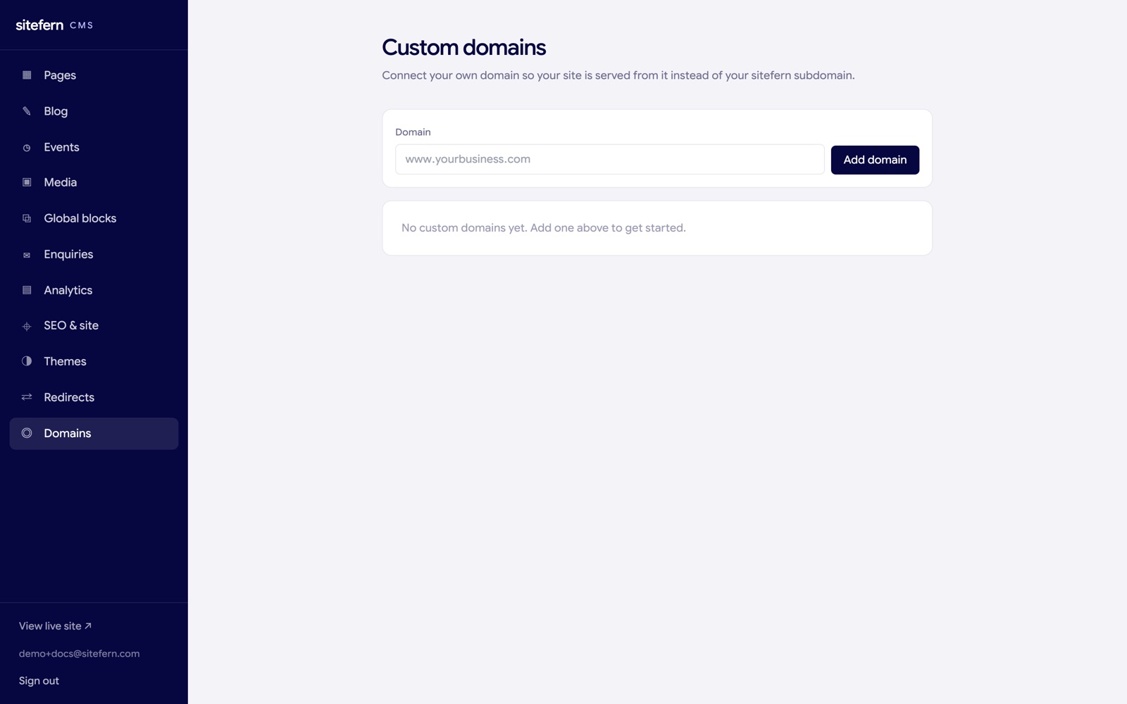 The sitefern domains screen for adding and verifying a custom domain