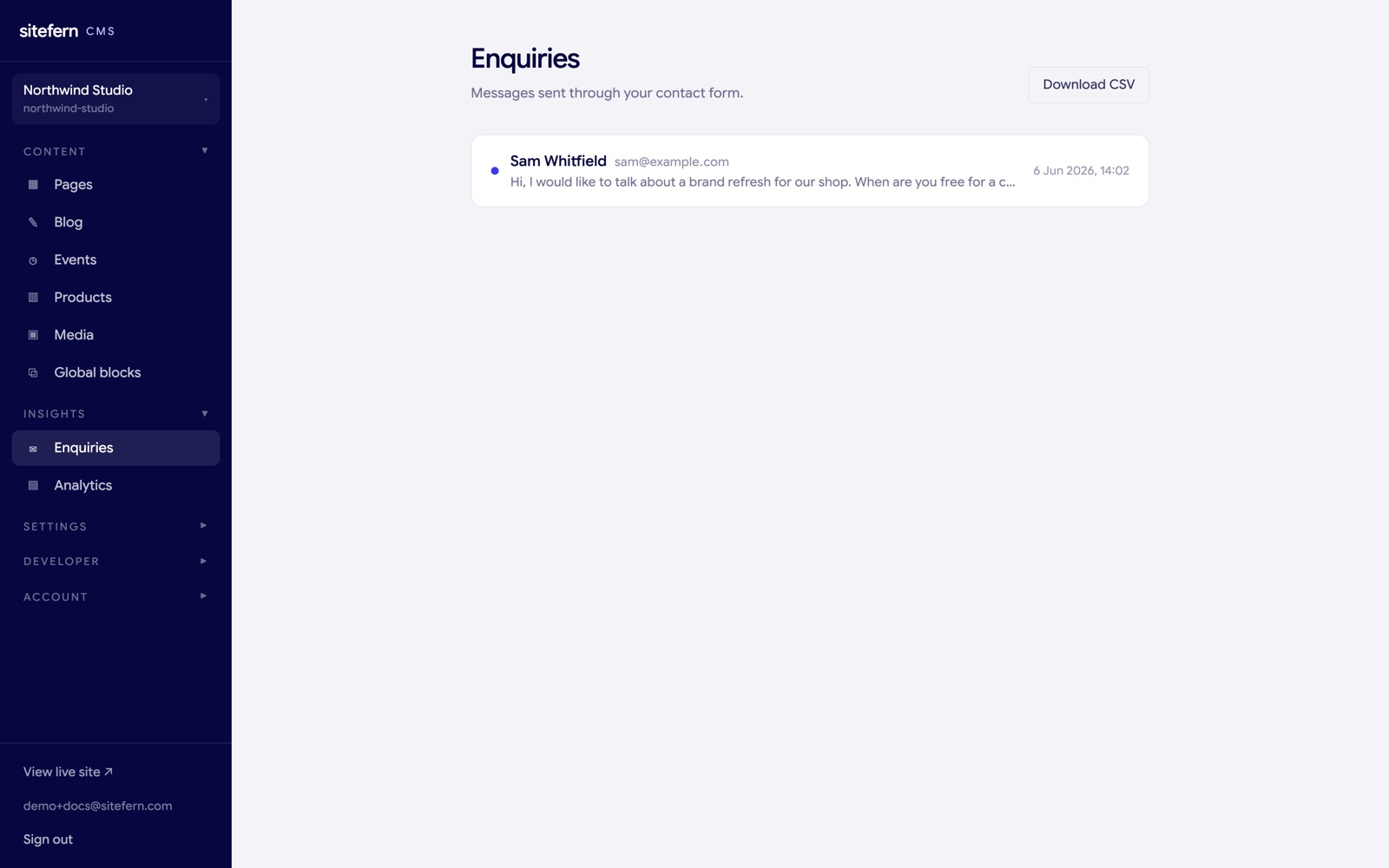 The sitefern enquiries inbox showing a message from the contact form