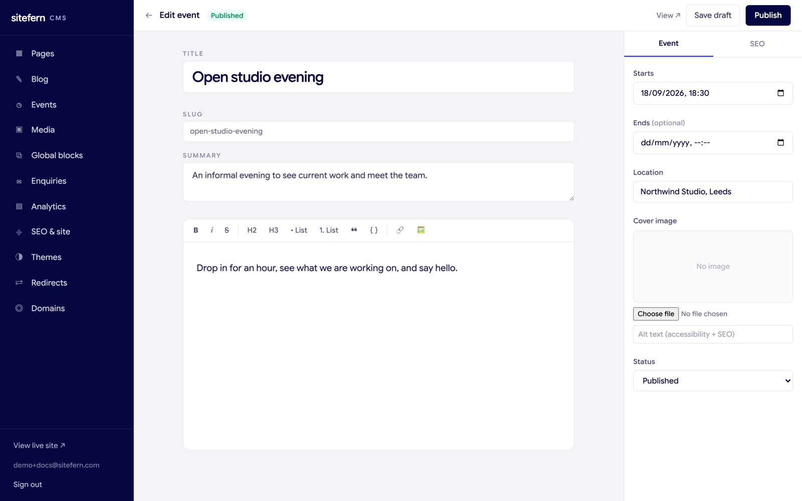 The sitefern event editor with start and end time, location, and a rich body