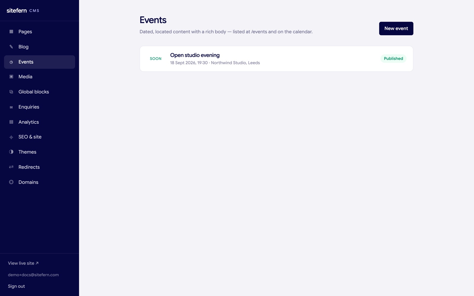 The sitefern events list showing a published event with its date and location
