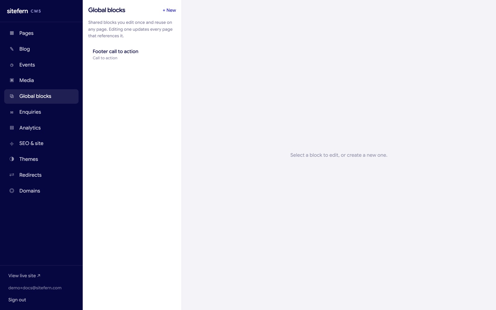 The sitefern global blocks screen, showing a reusable block being edited