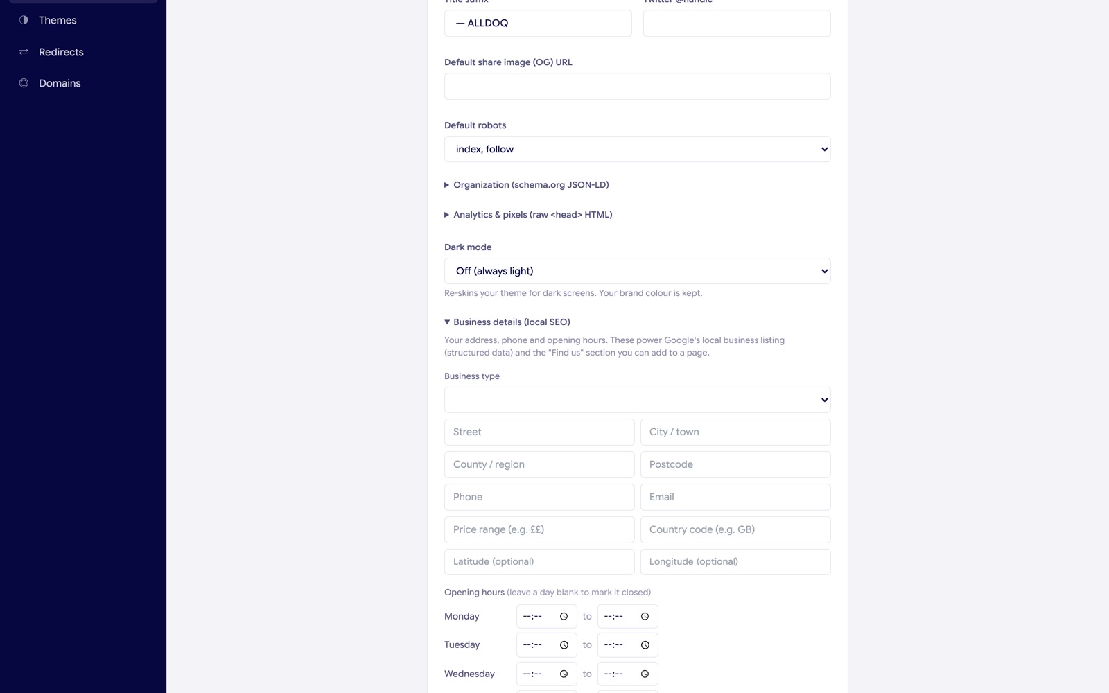 The business details fields in sitefern: business type, address, phone, map position and opening hours for each day