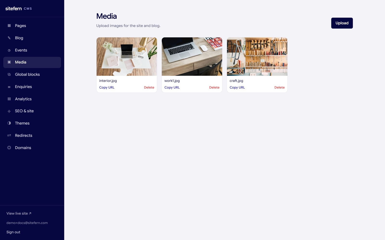 The sitefern media library showing uploaded images