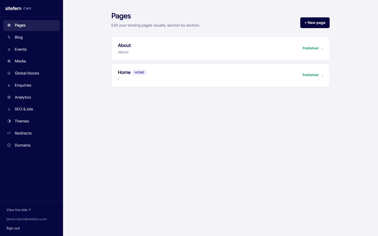 The sitefern admin showing the left navigation and the Pages list