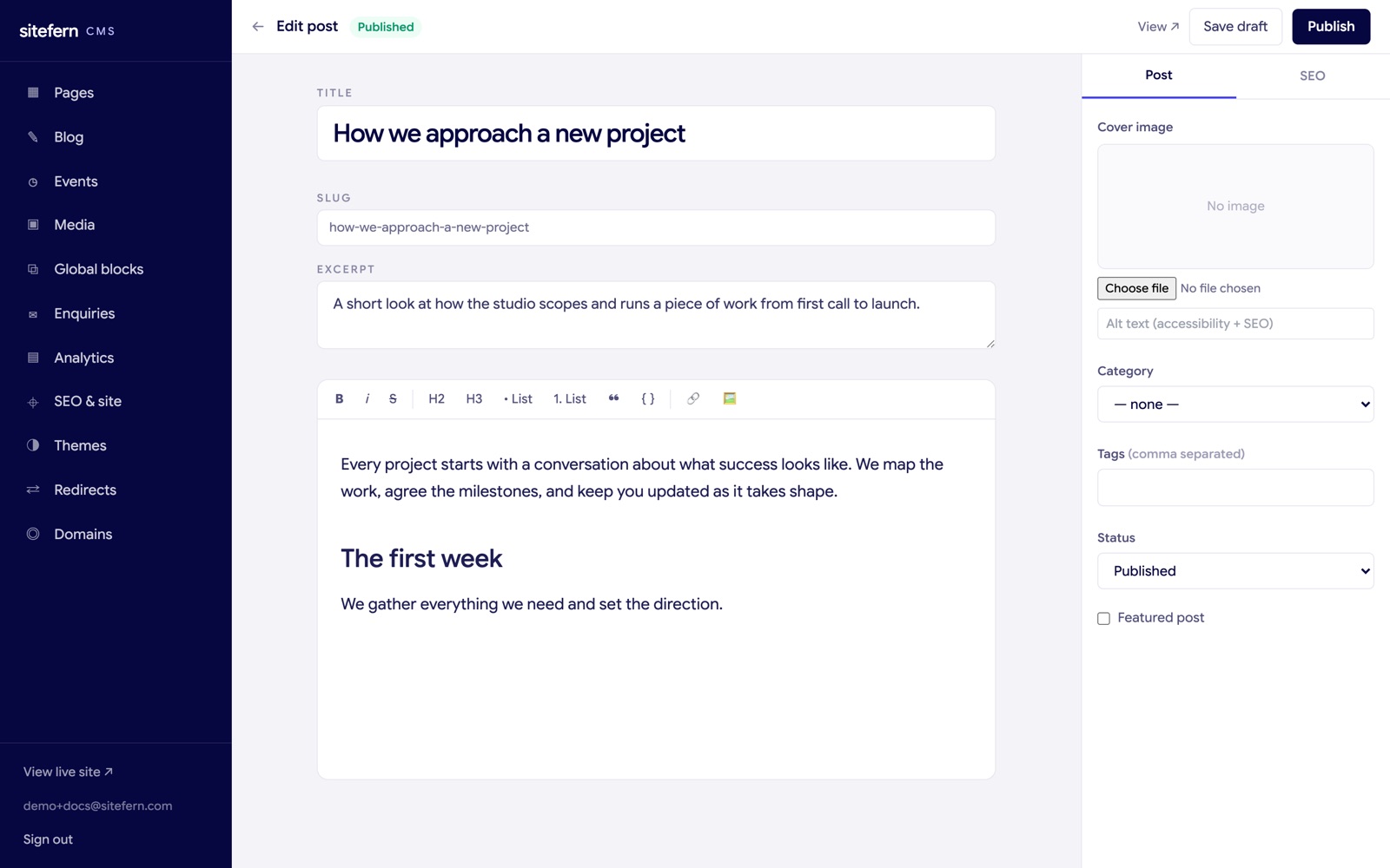 The sitefern post editor with the rich text body and the settings sidebar
