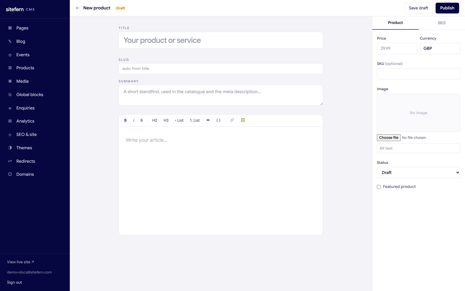 The sitefern product editor: title, summary and rich body on the left, with price, currency, SKU, image and status in the right panel