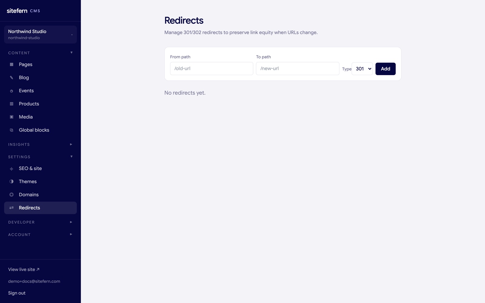 The sitefern redirects screen for mapping old addresses to new ones