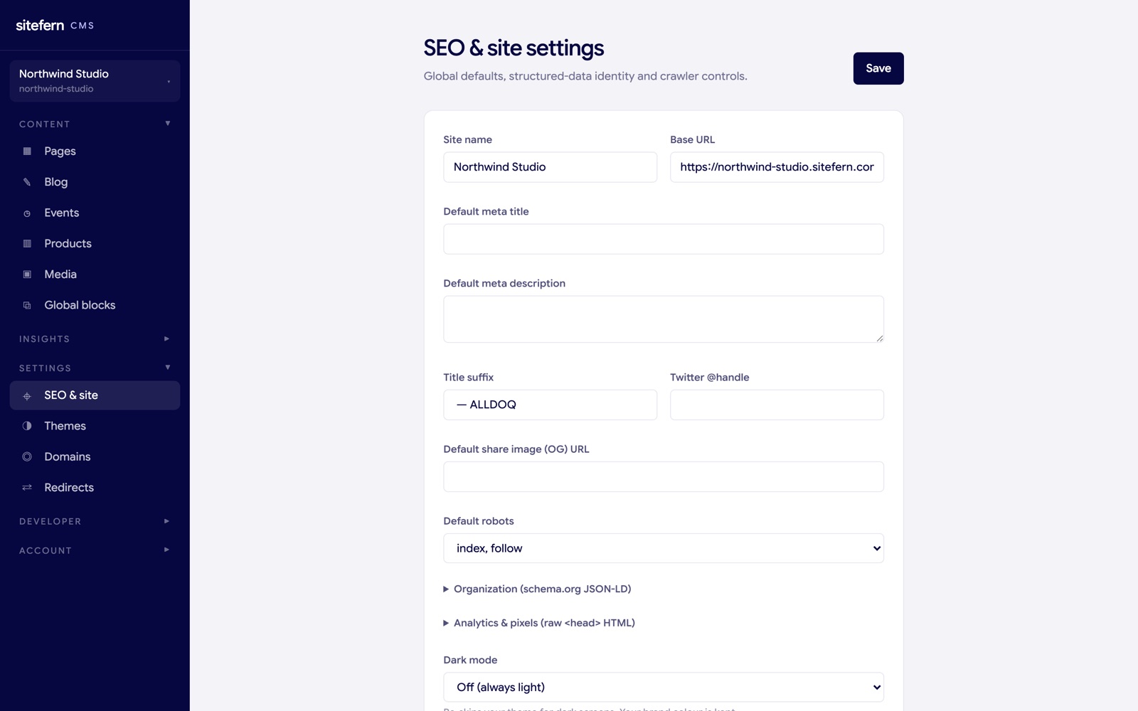 The sitefern SEO and site settings screen