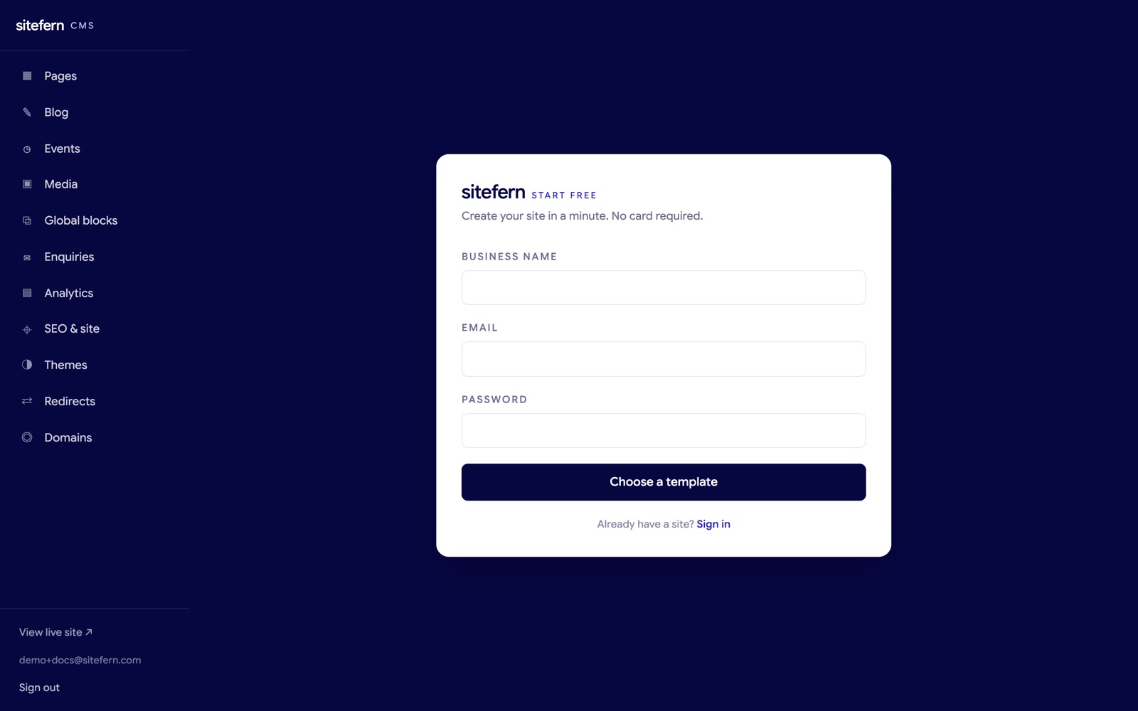 The sitefern signup screen, where you pick a template and enter your business name, email and password