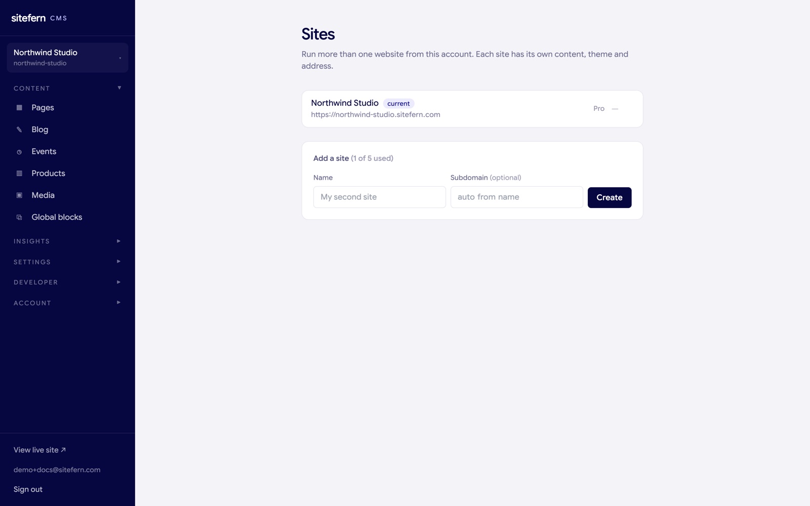 The sitefern Sites screen listing the current site and a form to add another