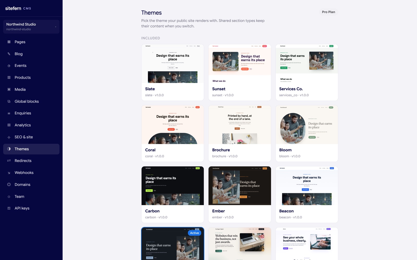 The sitefern themes screen with an Included section, premium themes, and the plan shown at the top