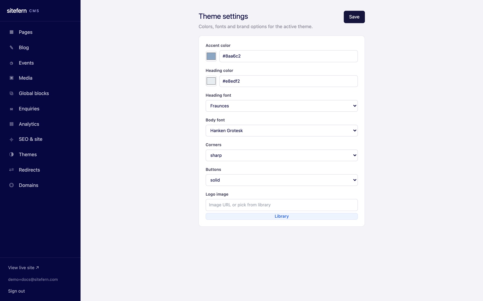 The sitefern theme settings screen with fonts, colours and other site-wide options