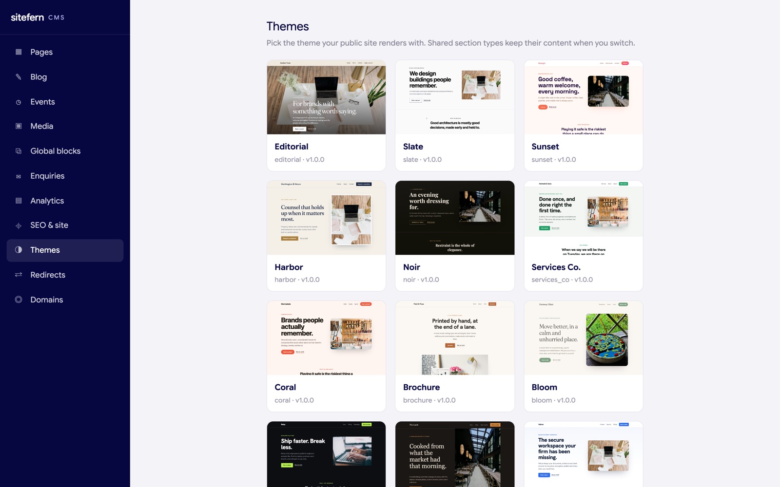 The sitefern themes screen showing the grid of templates to choose from