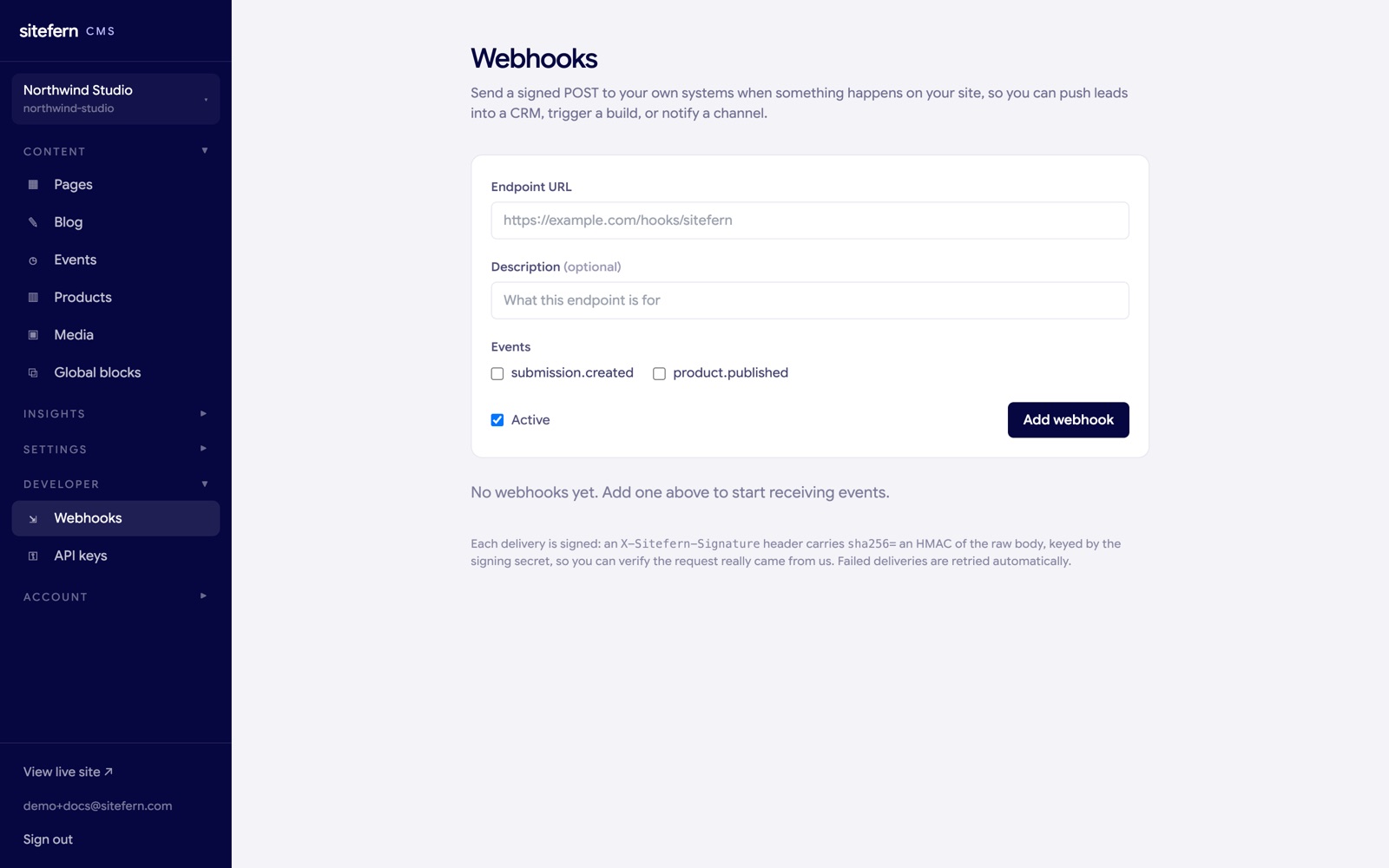 The sitefern Webhooks screen with a form to add an endpoint URL and choose events